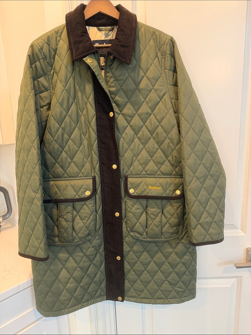 Barbour Olive Green Quilted Long Pea Coat with Black Trim